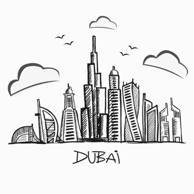 Gökdelenleri olan detaylı Dubai hat vektör şehri. Uae tarihi silueti. Mimari Dubai gökdelen çizimi