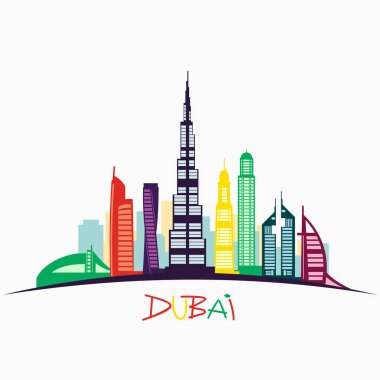 Dubai şehrinin silueti detaylı. Seyahat ve turizm geçmişi. Vektör illüstrasyonu