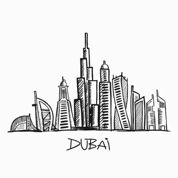 Linear Banner Dubai City All Buildings Customizable Different Objects Background — Stock Vector