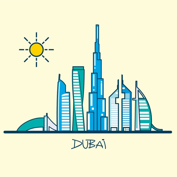 Dubai Città Skyline Torri Monumenti Paesaggio Urbano Stile Liner Vettore — Vettoriale Stock