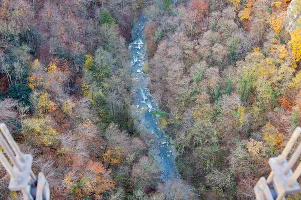 Breathtaking Aerial View Canyon Captured Bridge Autumn Hued Trees Line — Stock Photo, Image