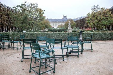 Tuileries Garden, Paris 'te sonbahar: Çakıl yolu üzerindeki boş yeşil sandalyeler, Fransız kültürü ve tarihi boyunca yolculuk için mükemmel bir şehir kalbinde sakin bir an sunuyor. Seyahat ve seyahat kavramları