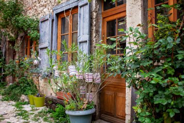 Perouges, Fransa 'da büyüleyici bir kır evi, yemyeşil saksı bitkileri ve klasik panjurlarla süslenmiş, sıcacık köy hayatının somut bir örneği.