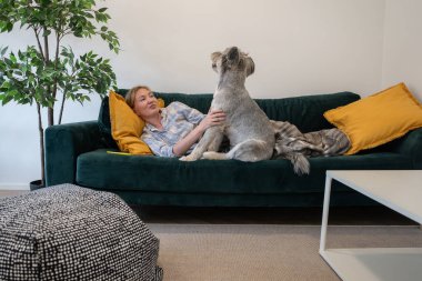 Pijamalı, köpekli ve kanepesinde battaniyesi olan genç bir kadın. 