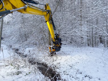 Sarı kazıcı, karlı bir ormanda dalları temizliyor. Kışın açık havada çalışma kavramı.