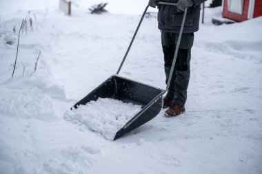 person clearing snow with a large snow shovel on a snowy pathway. concept of outdoor chores clipart