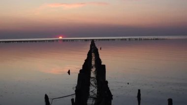 Kuzey Denizi 'ndeki eski dalgalı sulardan ahşap yığınları Almanya' da güzel bir günbatımının arka planında