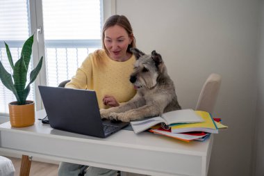 Kadın ve köpeği, beyaz bir masada dizüstü bilgisayar kullanıyorlar.