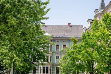 Yazın yemyeşil ağaçlarla çevrili tarihi Avrupa binası cephesi. 