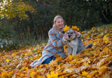 Melez köpeğiyle parktaki sonbahar yapraklarının keyfini çıkaran palto giymiş gülümseyen kadın..
