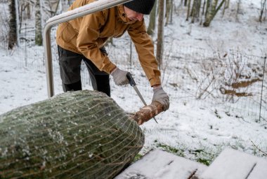 Yılbaşı ağacı gövdesini dışarıda, karlı bahçede kesen kişi, kış tatili hazırlığı. 
