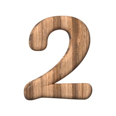 Wooden number 2 on a white background. 3d rendered digit two with brown wood texture. 3d illustration. 3d rendering