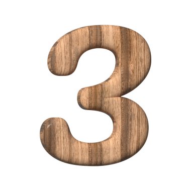 Wooden number 3 on a white background. 3d rendered digit three with brown wood texture. 3d illustration. 3d rendering