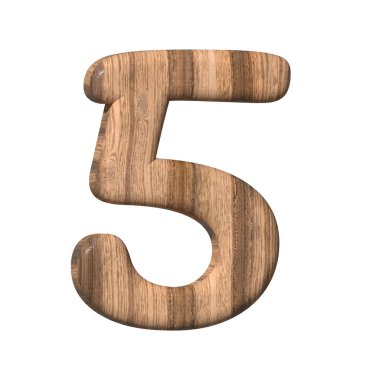 Wooden number 5 on a white background. 3d rendered digit five with brown wood texture. 3d illustration. 3d rendering
