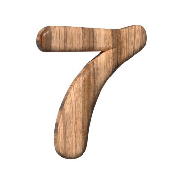 Wooden number 7 on a white background. 3d rendered digit seven with brown wood texture. 3d illustration. 3d rendering