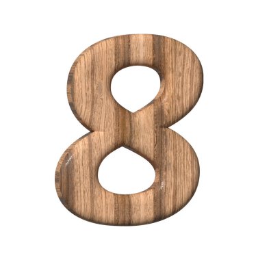 Wooden number 8 on a white background. 3d rendered digit eight with brown wood texture. 3d illustration. 3d rendering