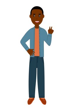 Happy smiling trendy black guy and girls showing  victory gesture, peace sign, sign of success with fingers.