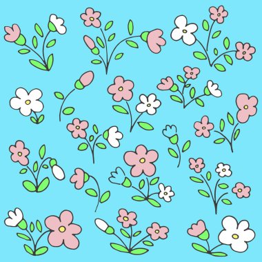 Çiçekli, yapraklı güzel romantik çiçek koleksiyonu. El çizimleri vektör seti bitkiler, çiçek elementleri. Soyut sanat, elle çizilmiş romantik arkaplan.