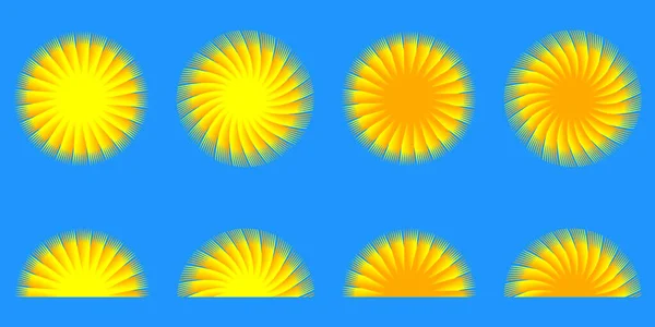 Яскравий Векторний Набір Значків Сонця Ізольований Синьому Фоні Висхідне Сонце — стоковий вектор