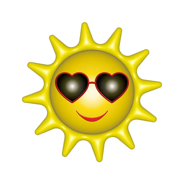 白い背景に隔離されたハート型のサングラス 太陽の感情を持つ笑顔の夏の漫画かわいい太陽 3Dレンダリング — ストックベクタ