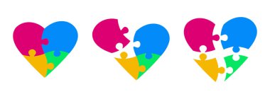 Çok renkli kalp şekilli yapboz parçaları. Beyaz arka planda yapboz. Sevgililer Günü 'nün sembolü. Otizm bulmacasının sembolik parçaları. Vektör illüstrasyonu