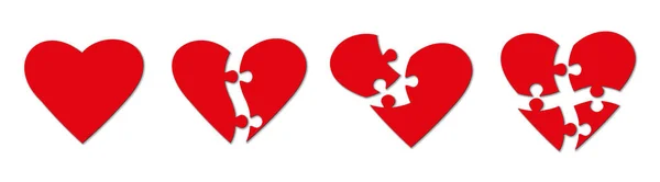 赤いハート型のパズルピースのセット 白い背景にパズルジグソーパズル バレンタインデーのシンボル 自閉症のパズルの象徴的な作品 ベクターイラスト — ストックベクタ