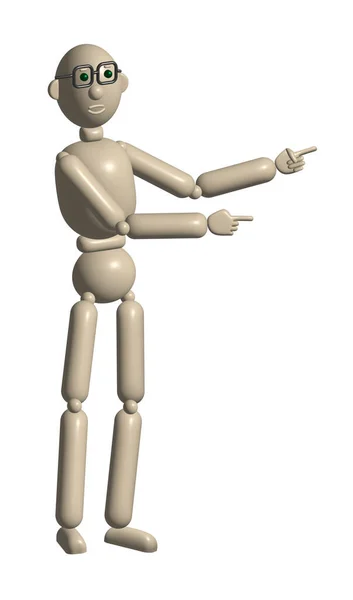 Men Model Character Figurine Glasses Robot Standing Puppet Pointing Gesture — Stock Vector