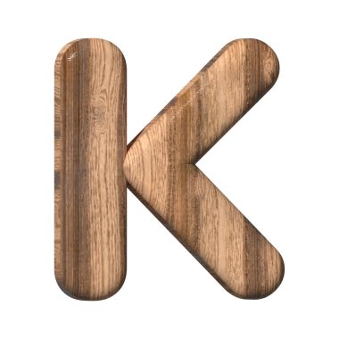 Beyaz arka planda tahtadan K harfi. Kahverengi ahşap desenli 3D. 3d illüstrasyon. 