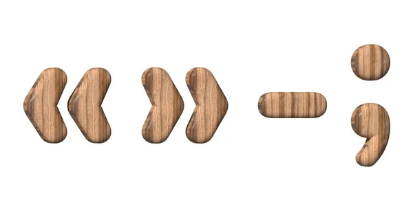 Wooden punctuation marks on a white background. 3d rendered  with brown wood texture. 3d illustration.