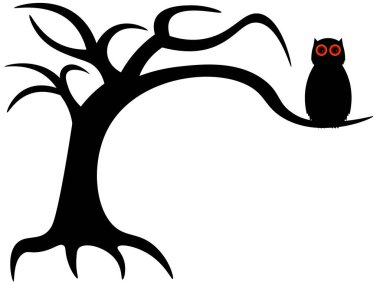 Beyaz arka planda buruşuk kuru bir ağaç ve baykuşun siyah silueti. Cadılar Bayramı korkunç ölü ağaç