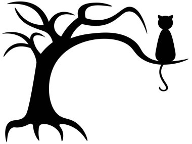 Beyaz arka planda buruşuk kuru bir ağacın ve kedinin siyah silueti. Cadılar Bayramı korkunç ölü ağaç