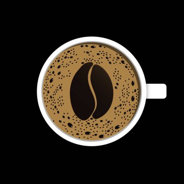 Kahve çekirdeği şeklindeki köpüklü kahve fincanının üst görüntüsü. Taze espresso ikonu. Vektör illüstrasyonu siyah arkaplanda izole edildi