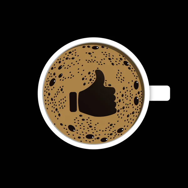 顶部的咖啡杯泡沫在创造性符号形状的拇指向上 新鲜的浓缩咖啡图标 在黑色背景上孤立的向量图 — 图库矢量图片