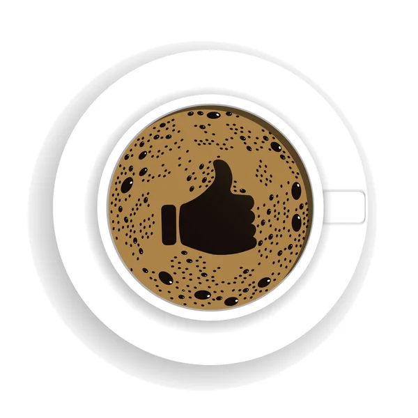 親指の創造的なシンボル形状の泡のあるコーヒーカップのトップビュー 新鮮なエスプレッソアイコン 白い背景に隔離されたベクトルイラスト — ストックベクタ