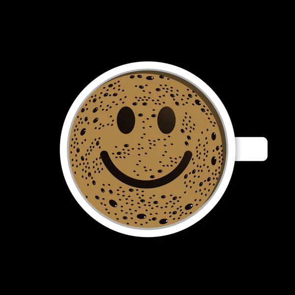 スマイリーのクリエイティブなシンボル形の泡付きのコーヒーカップのトップビュー 新鮮なエスプレッソアイコン ブラックバックで隔離されたベクトルイラスト — ストックベクタ