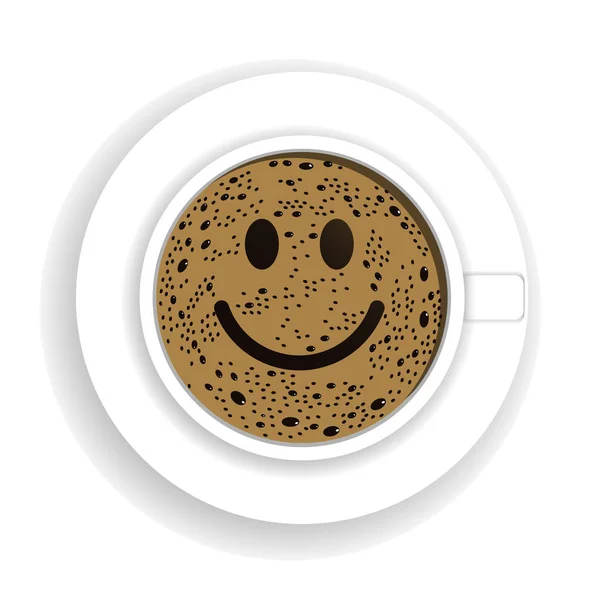 Kreatif Sembolü Gülen Yüz Olan Köpüklü Kahve Fincanının Üst Görüntüsü — Stok Vektör