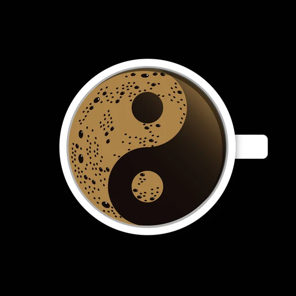 顶部的咖啡杯与泡沫在创意符号形状阴阳 新鲜的浓缩咖啡图标 在黑色背景上孤立的向量图 — 图库矢量图片
