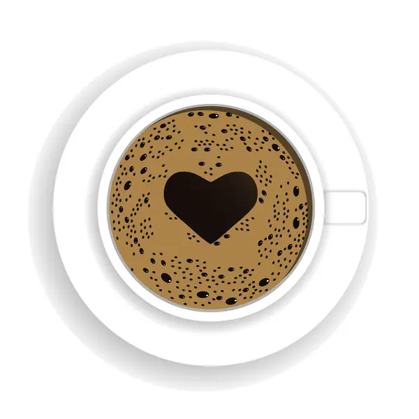 ハートの創造的なシンボル形状で泡のあるコーヒーカップのトップビュー 新鮮なエスプレッソアイコン 白い背景に隔離されたベクトルイラスト — ストックベクタ