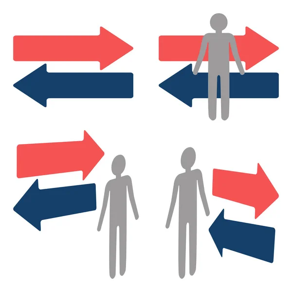 一组扁平风格的双向箭头图标 一个男人站在箭头旁边指向不同的方向 商业成功的概念 制定目标 选择其他途径 — 图库矢量图片