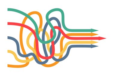 Farklı şekillerde tek bir yöne bakan çok renkli oklar seti. Seçim, seçenek, fırsat, yol, iş başarısı konsepti. Hedef ayarlama, alternatif yol seçimi.