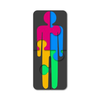 Çok renkli insan şekilli yapboz parçaları. Beyaz arka planda yapboz. Otizm bulmacasının sembolik parçaları. Vektör illüstrasyonu