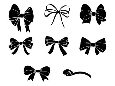  Hediye yayları, skeç tarzı kurdeleler, el çizimi vektör karalamaları, beyaz arkaplanda izole edilmiş simge seti. 