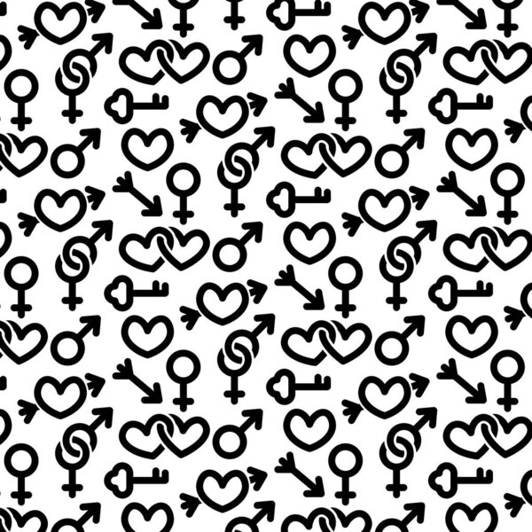Seamless pattern for Valentine's Day. Symbols of love, heart, key, arrow, male, female