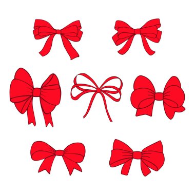 Kırmızı hediye yayları, çizim stili kurdeleler, el çizimi vektör karalamaları, beyaz arkaplanda izole edilmiş simge seti. 