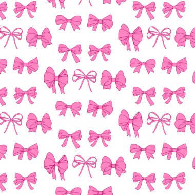 Pembe hediye yaylarının kusursuz deseni, çizim tarzında kurdeleler, el çizimi vektör karalamaları, beyaz arkaplanda izole edilmiş simge.. 