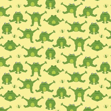 Sarı arka planda komik yeşil çizgi film sevimli kurbağaların kusursuz vektör deseni