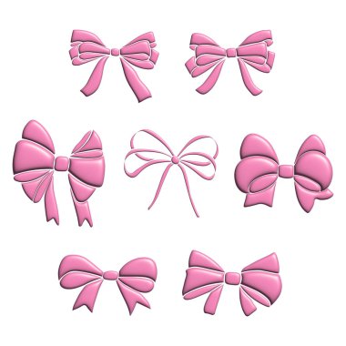  Beyaz arkaplana izole edilmiş 3B hediye yayları, kurdeleler, el çizimi vektör karalamaları. 