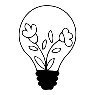 Bitkilerle aydınlatma ikonu - yeşil doğa enerji konsepti. Yeşil doğal elektrik. Yenilenebilir ve sürdürülebilir enerji. Çizgi biçiminde elle çizilmiş vektör karalamaları. 
