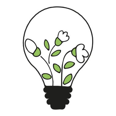 Bitkilerle aydınlatma ikonu - yeşil doğa enerji konsepti. Yeşil doğal elektrik. Yenilenebilir ve sürdürülebilir enerji. Çizgi biçiminde elle çizilmiş vektör karalamaları. 