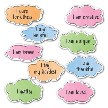 Beyaz arkaplanda izole edilmiş pozitif ifadelerle suluboya bulutları.